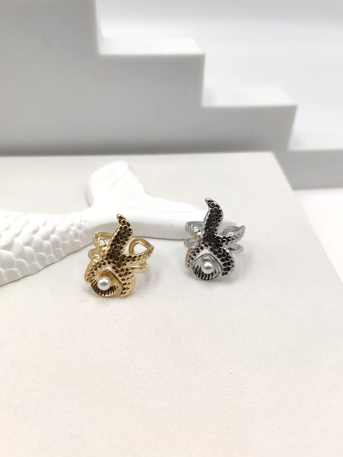 Stainless Steel Ring with Embossed Summer Motif and Pearl by Magis Handmade Jewels – view 2