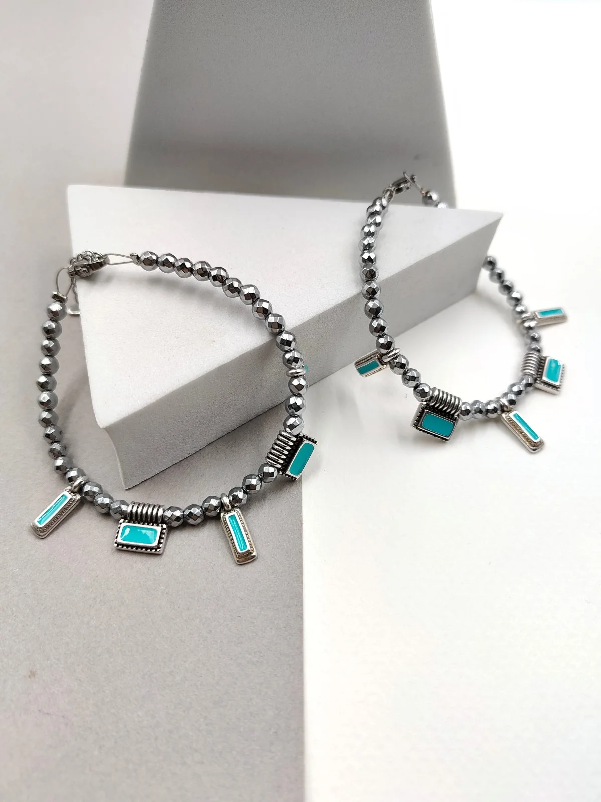Bracelet with Hematite Beads and Silver-Plated Enamel Details by Magis Handmade Jewels – view 3