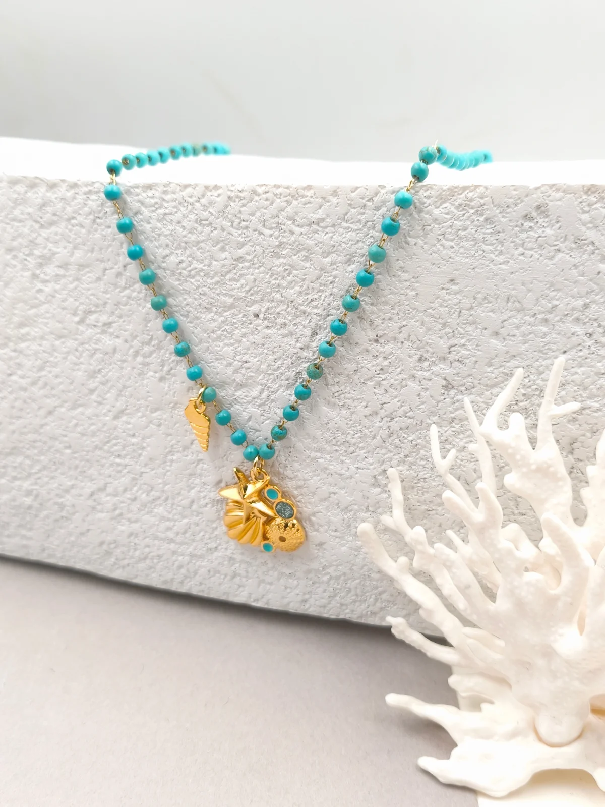 Stainless Steel Necklace with Howlite and Gold-Plated Details by Magis Handmade Jewels – view 2