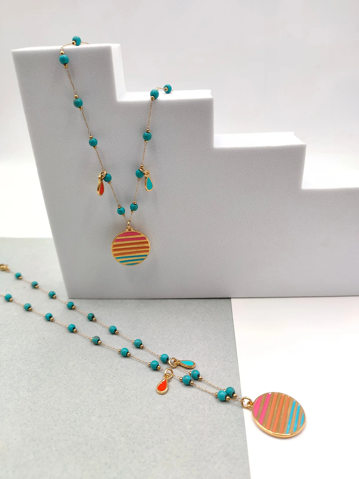 Stainless Steel Necklace with Gold-Plated Details, Enamel and Howlite by Magis Handmade Jewels – view 2
