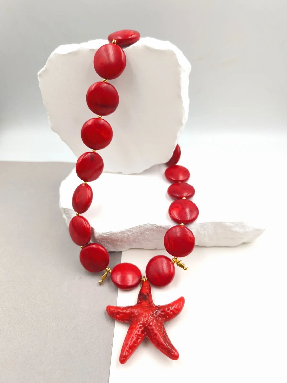 Necklace with Howlite Beads and Acrylic Starfish by Magis Handmade Jewels – view 2