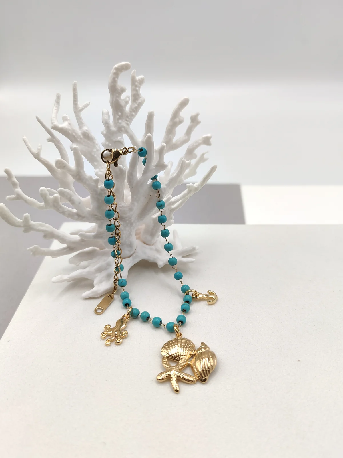 Stainless Steel Bracelet with Howlite Beads and Gold-Plated Details by Magis Handmade Jewels – view 2