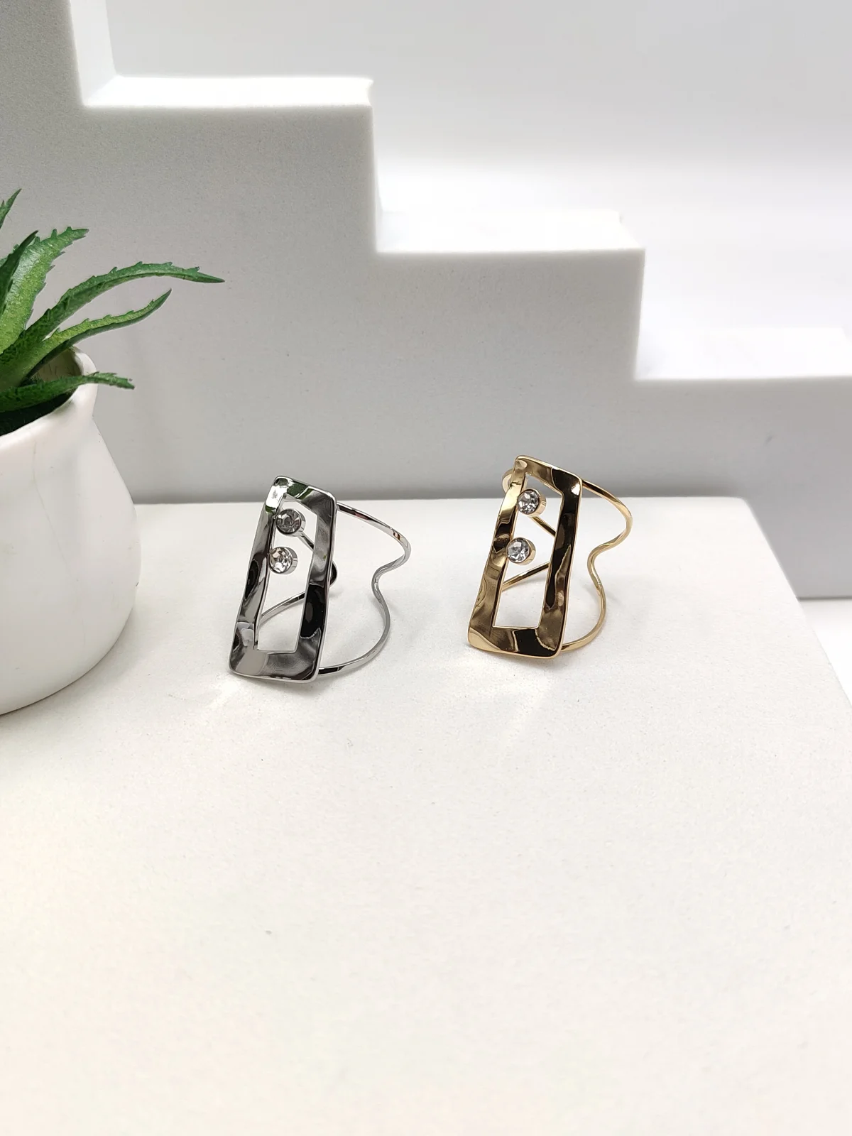 Stainless Steel Rectangle Ring with Crystals by Magis Handmade Jewels – view 2