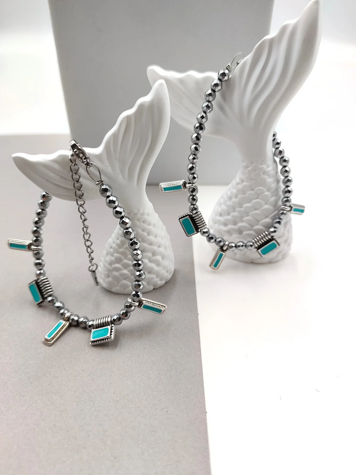 Bracelet with Hematite Beads and Silver-Plated Enamel Details by Magis Handmade Jewels – view 2