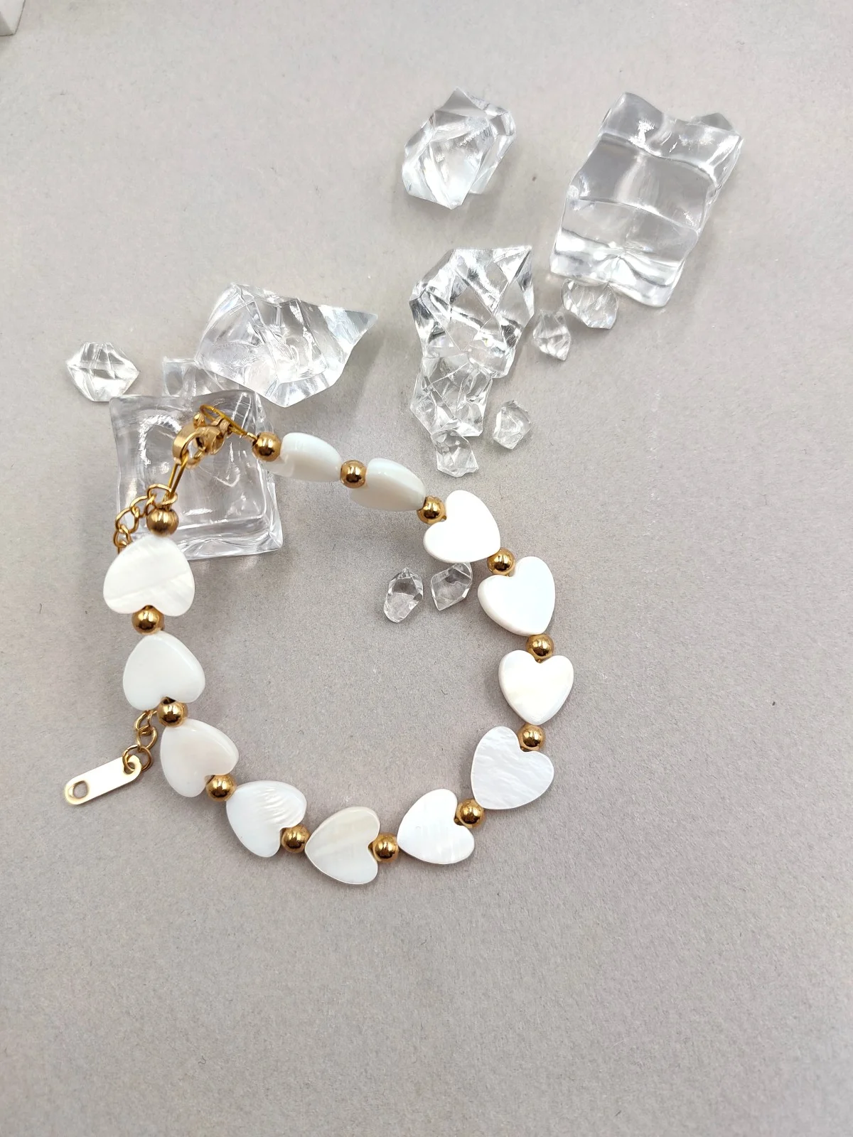 Stainless Steel Bracelet with Mother-of-Pearl Hearts by Magis Handmade Jewels – view 2