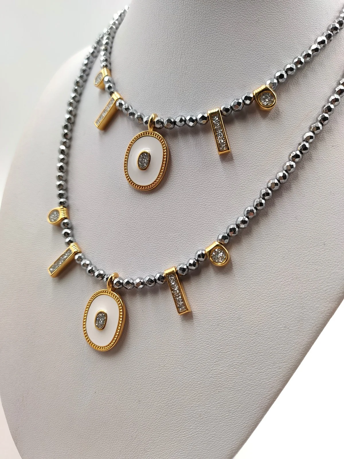 Necklace with Hematite Beads and Gold-Plated Enamel Details by Magis Handmade Jewels – view 4