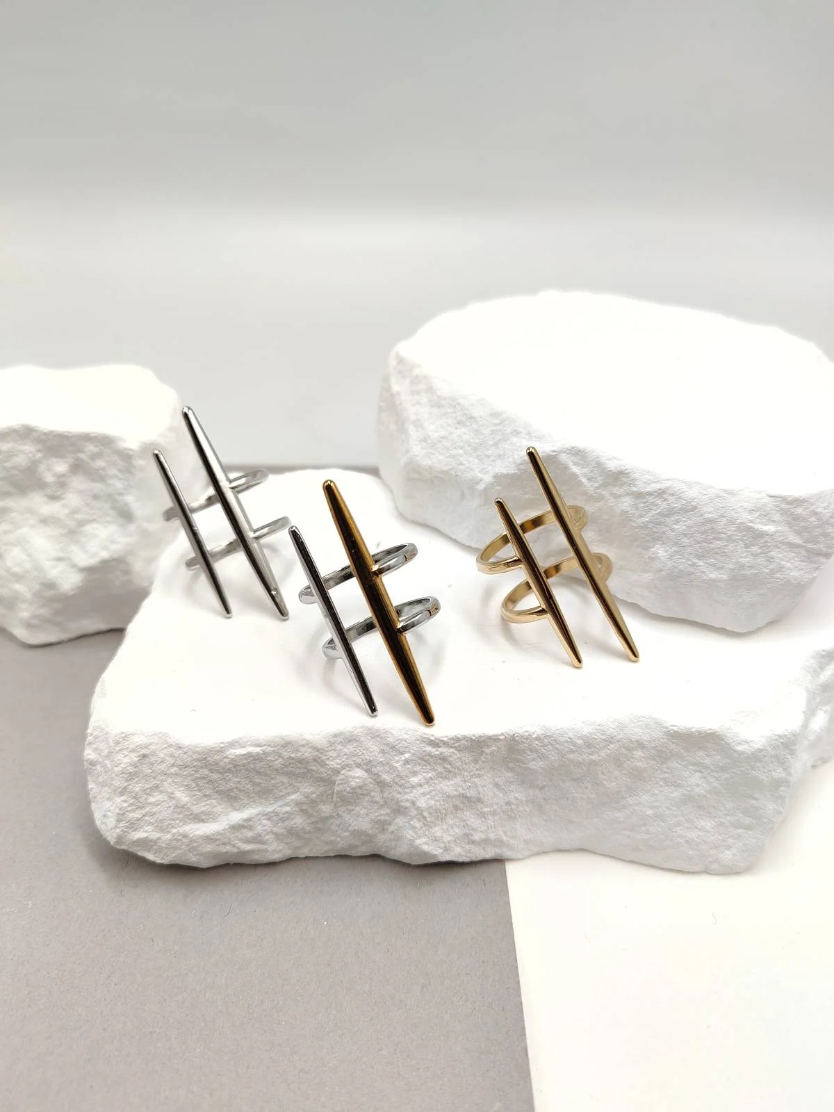 Stainless Steel Double Ring with Lines by Magis Handmade Jewels – view 3