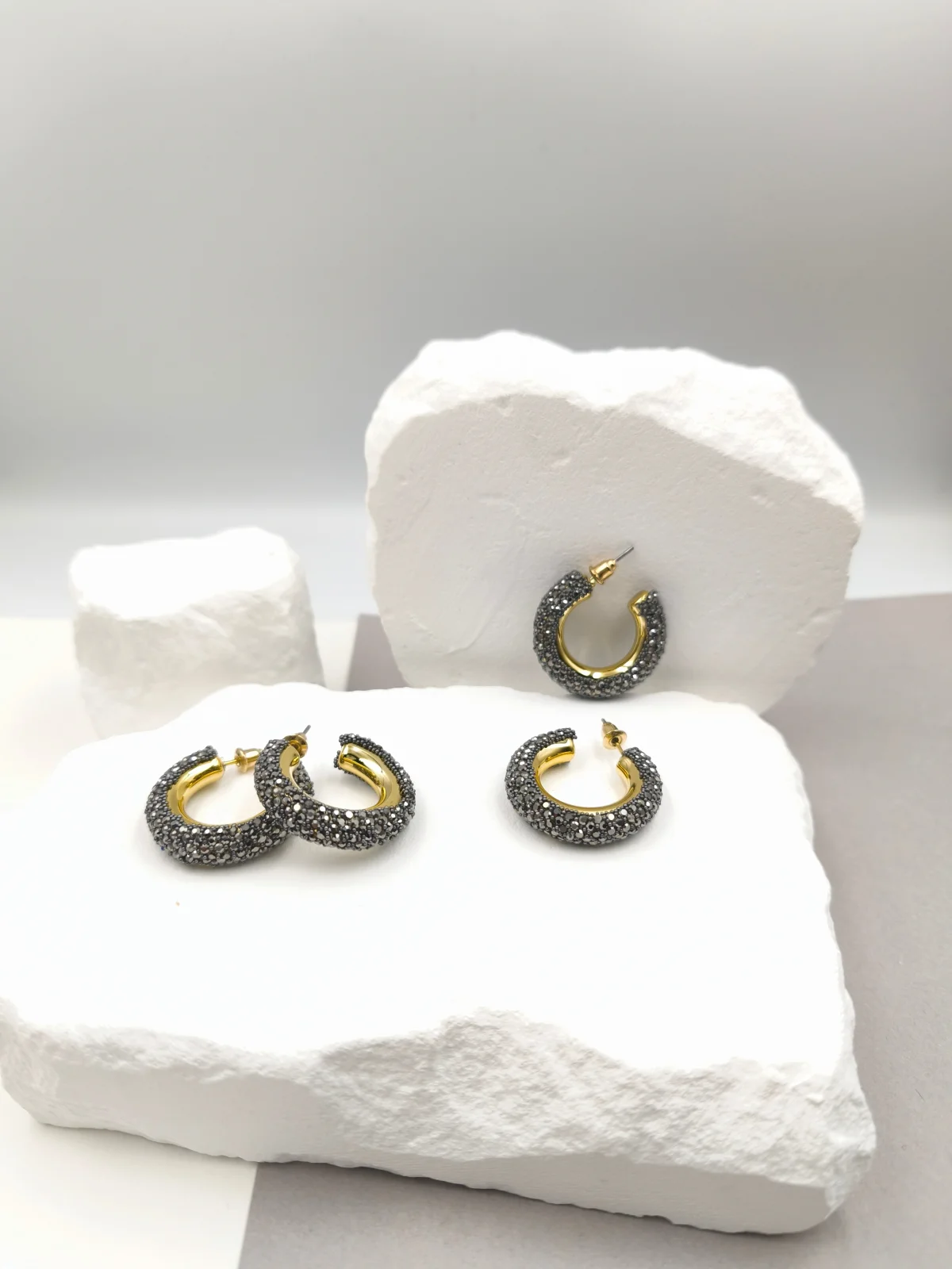 Gold-Plated Hoop Earrings with Marcasite and Rhinestones by Magis Handmade Jewels – view 2