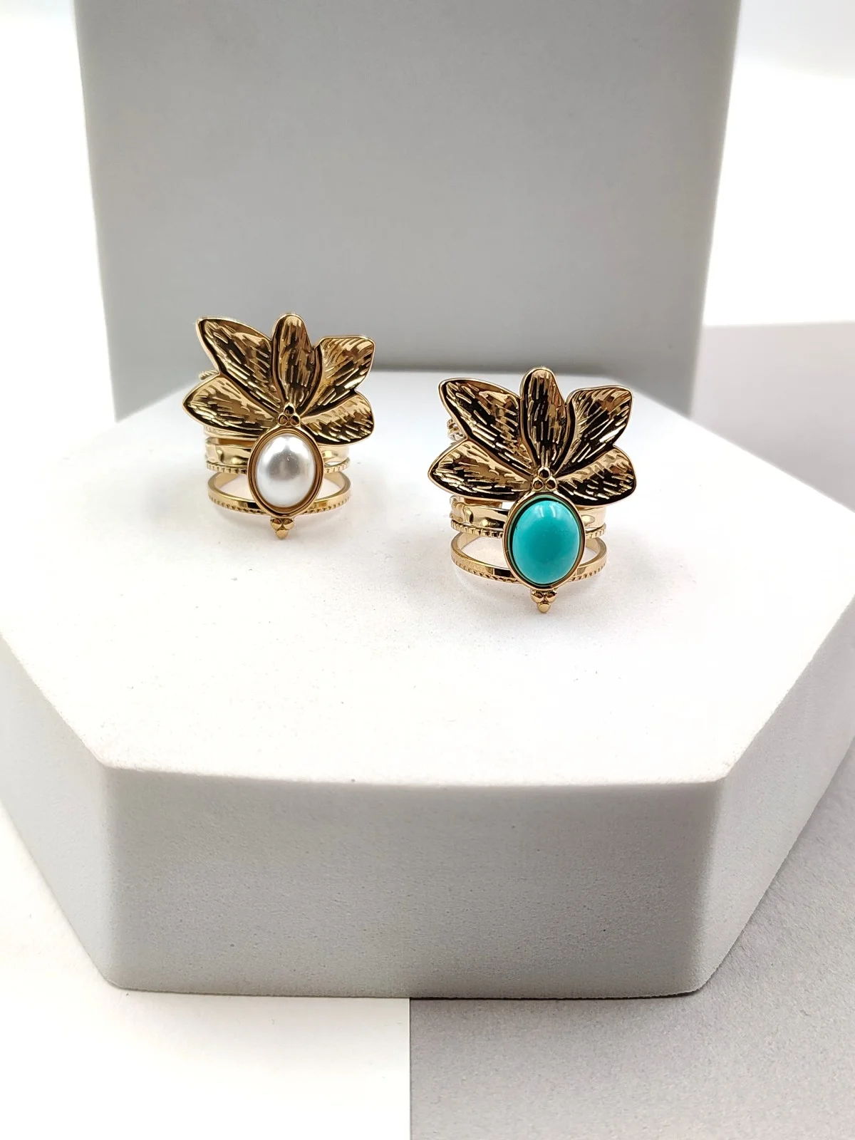 Stainless Steel Multi-Strand Ring with Leaves and Stone by Magis Handmade Jewels – view 3