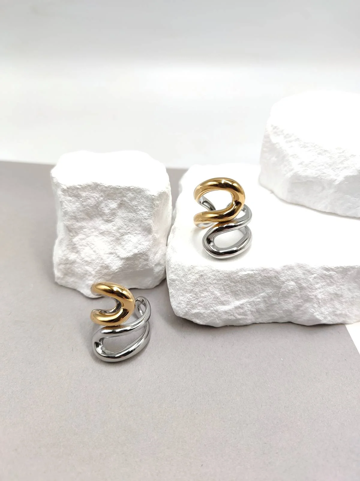 Stainless Steel Two-Tone Double Ring with Openings by Magis Handmade Jewels – view 2