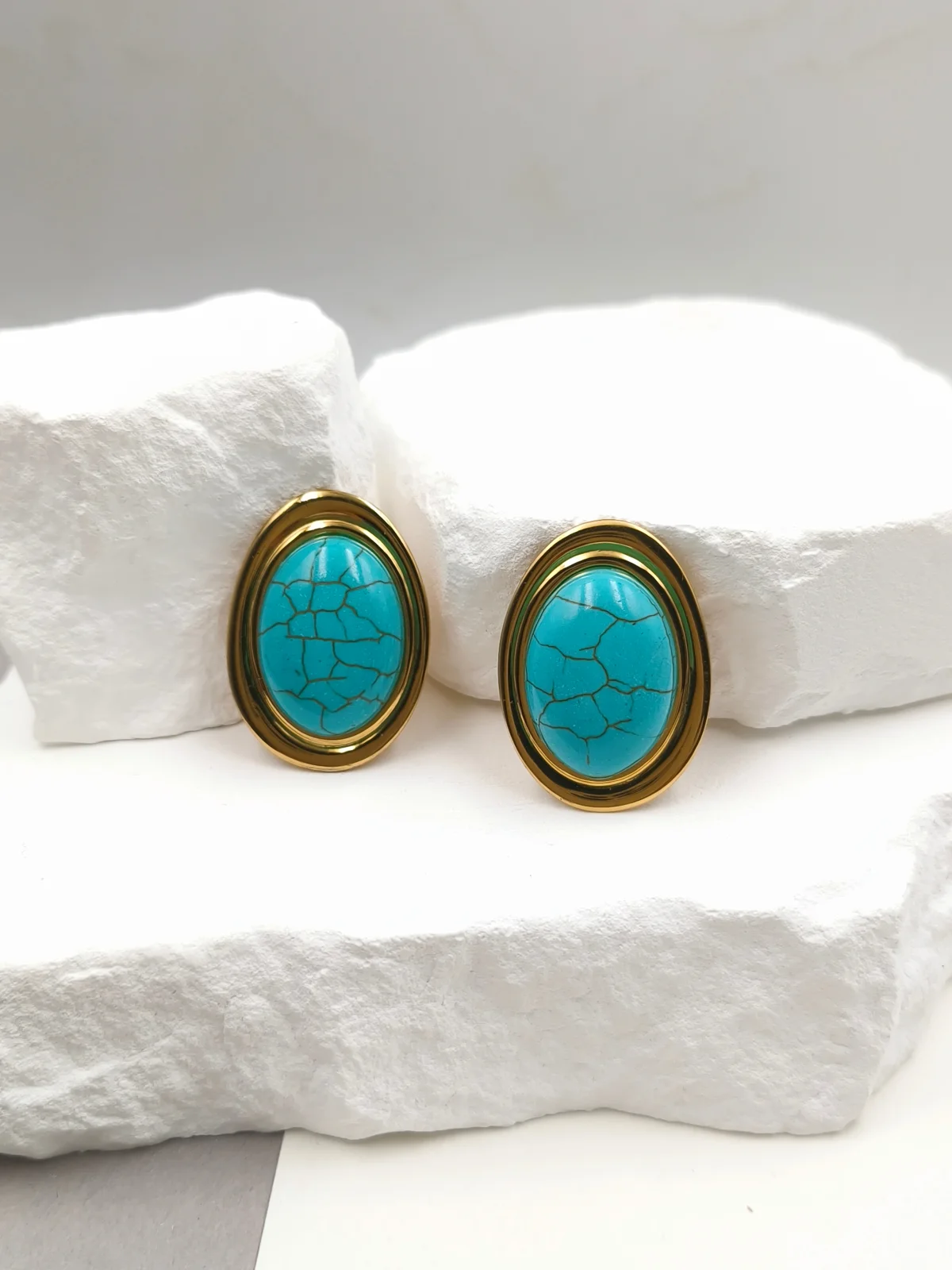 Stainless Steel Oval Earrings with Howlite and Clip-On by Magis Handmade Jewels – view 2