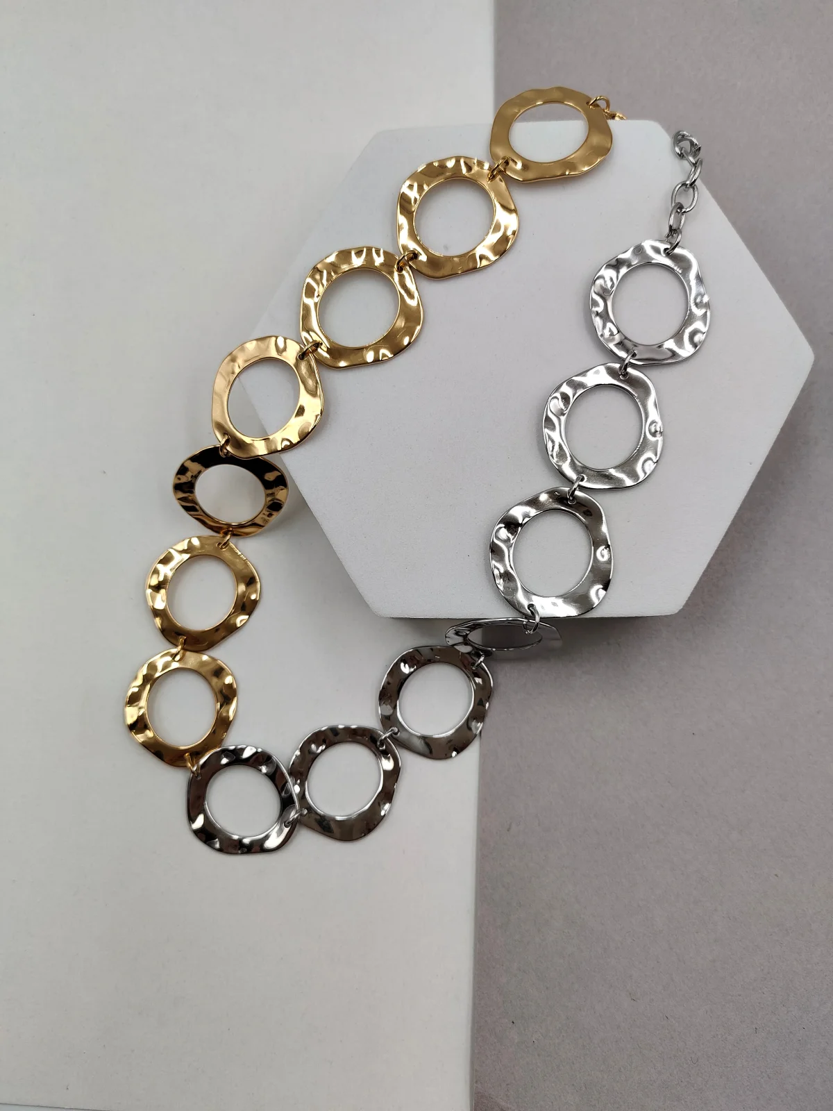 Stainless Steel Necklace with Hammered Two-Tone Circles by Magis Handmade Jewels – view 4