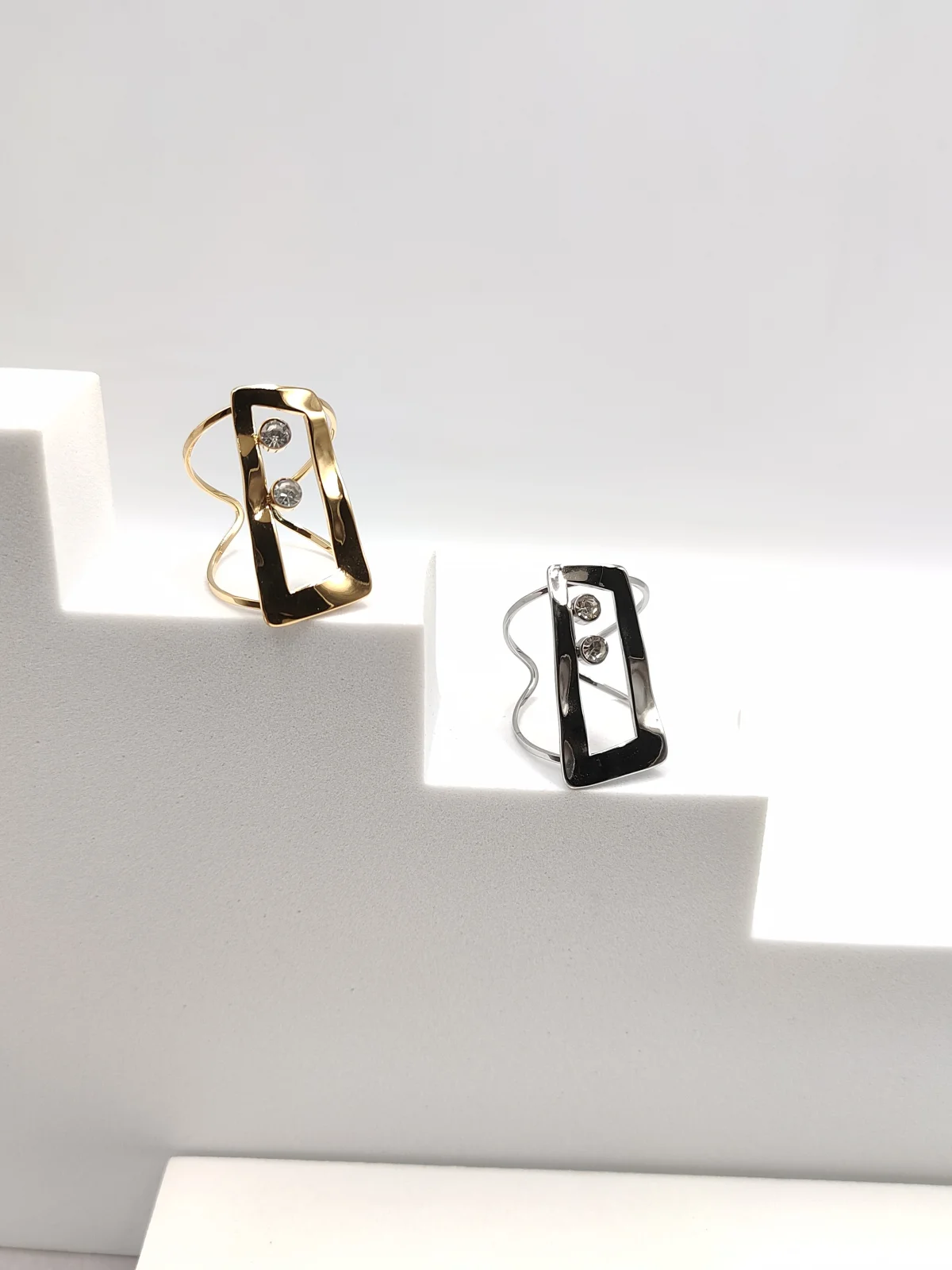 Stainless Steel Rectangle Ring with Crystals by Magis Handmade Jewels – view 3