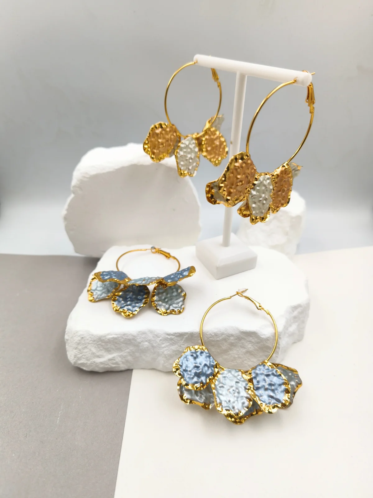 Stainless Steel Hoop Earrings with Embossed Leaf Design and Enamel by Magis Handmade Jewels – view 3
