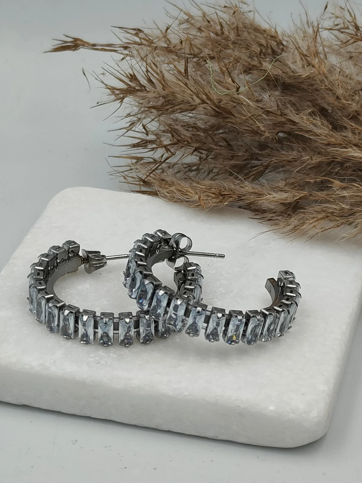 Stainless Steel Hoop Earrings with Zircon by Magis Handmade Jewels – view 2
