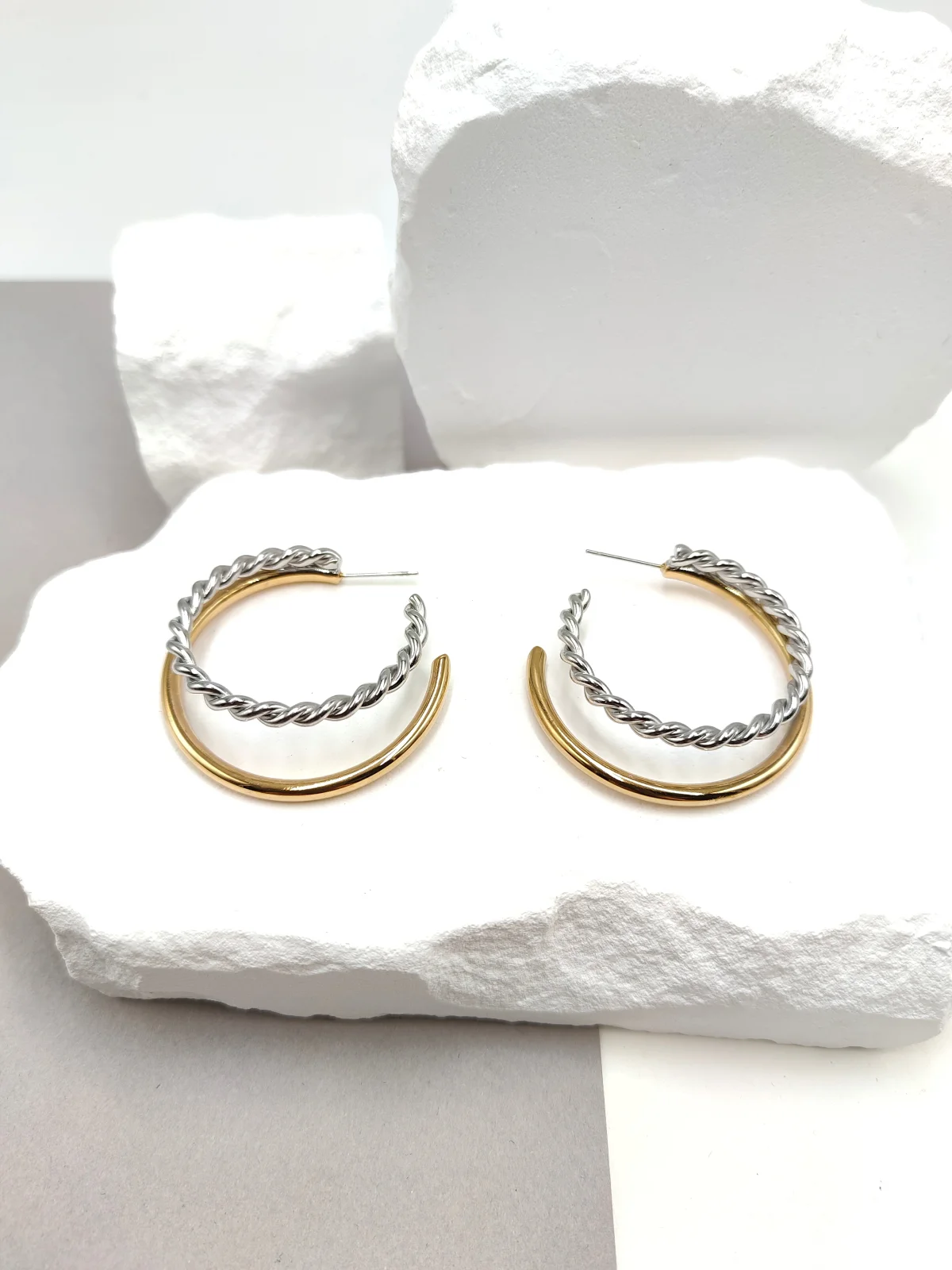 Stainless Steel Two-Tone Hoop Earrings by Magis Handmade Jewels – view 2