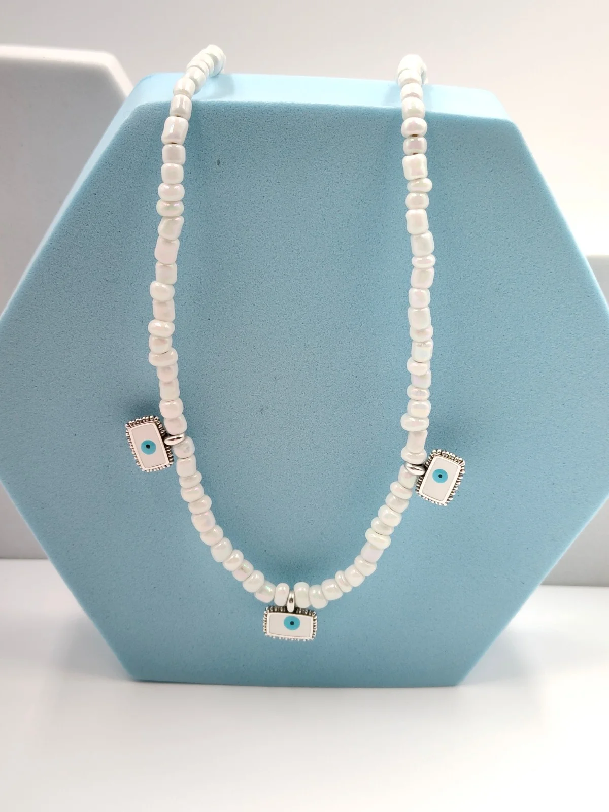 Necklace with Beads and Silver-Plated Enamel Evil Eyes by Magis Handmade Jewels – view 2