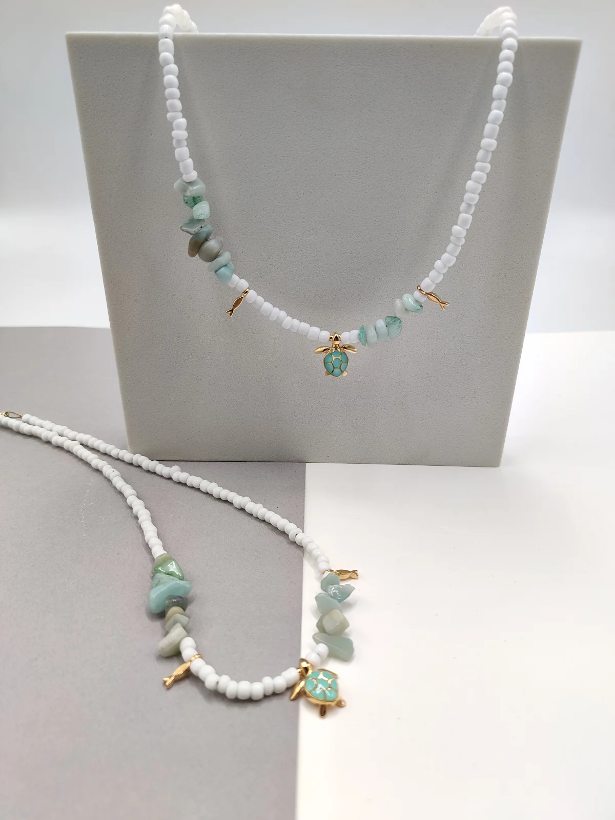 Necklace with Glass Beads, Aventurine Chips and Gold-Plated Details by Magis Handmade Jewels – view 3