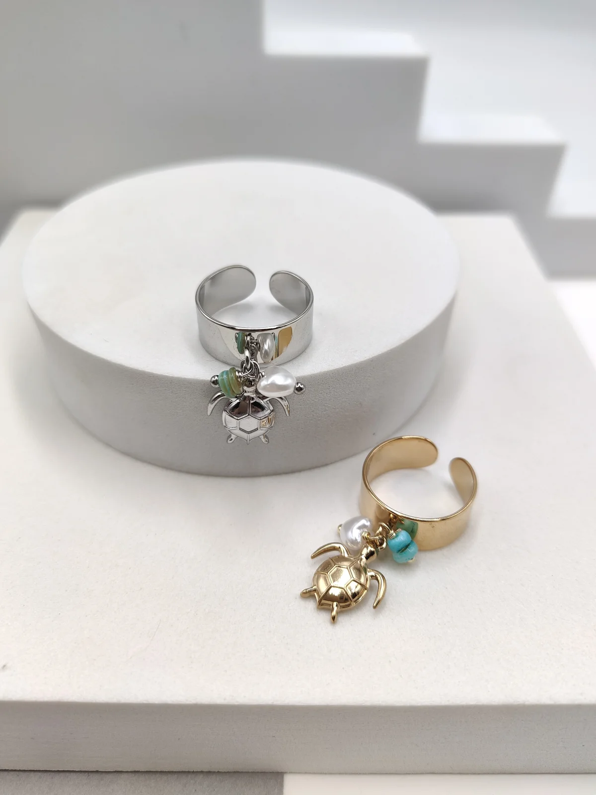 Stainless Steel Ring with Turtle Drop and Acrylic Heart by Magis Handmade Jewels – view 2
