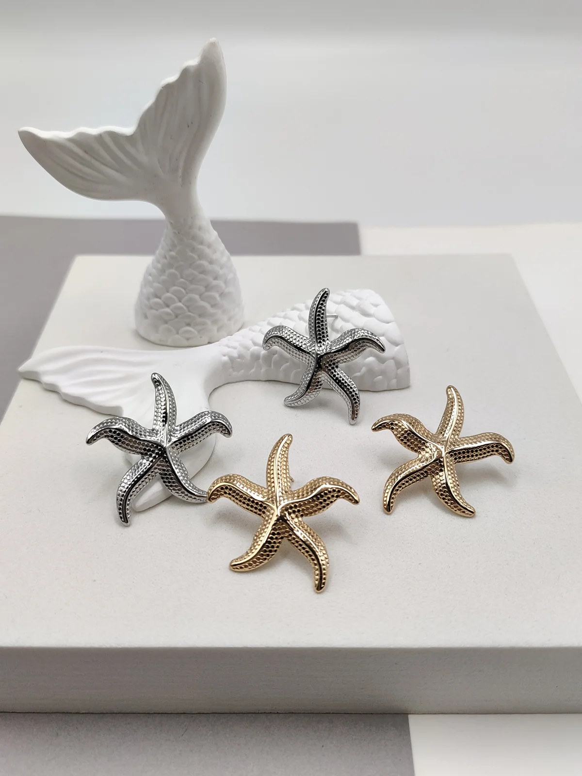 Stainless Steel Earrings with Embossed Starfish by Magis Handmade Jewels – view 2