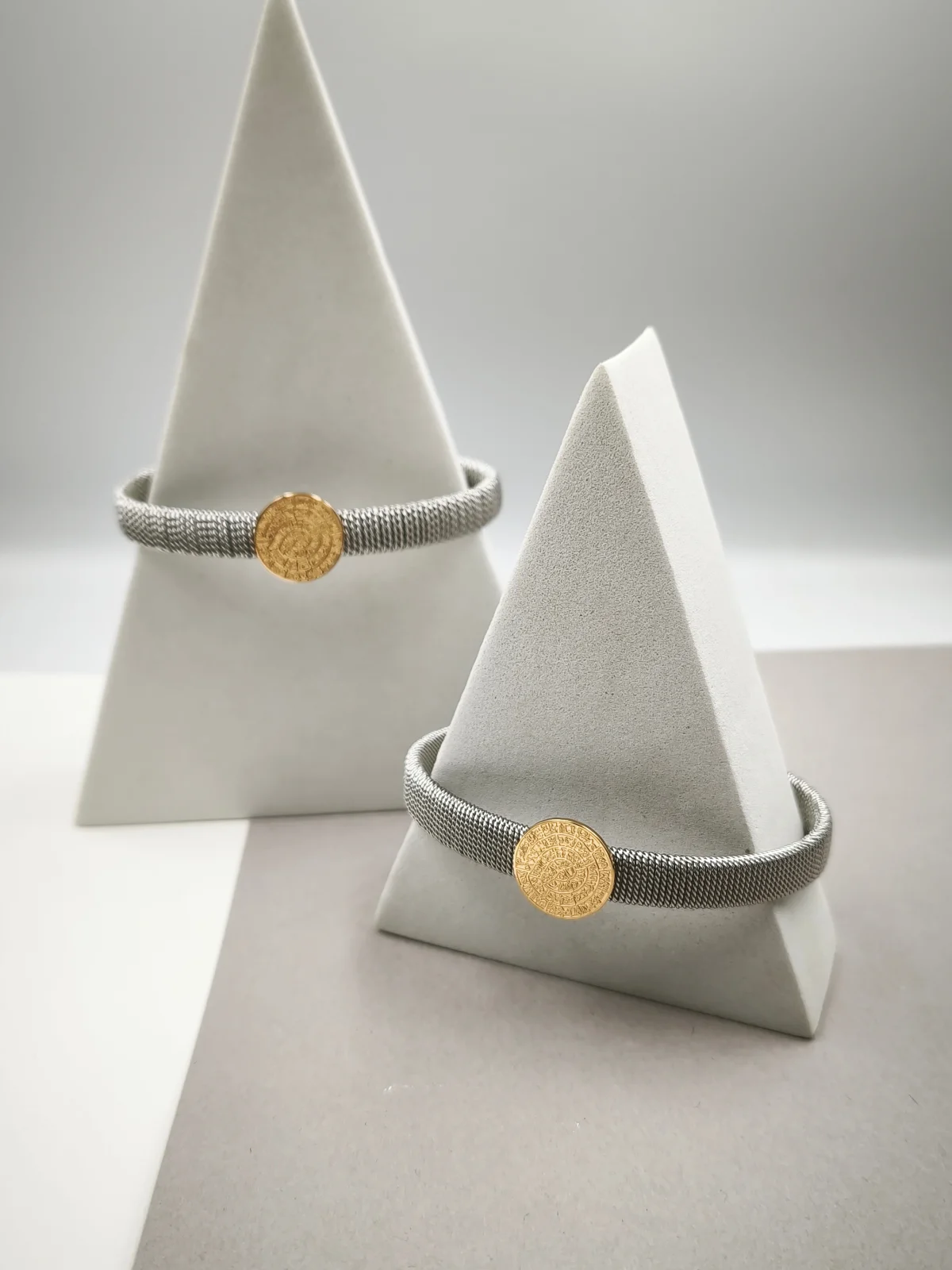 Stainless Steel Two-Tone Bracelet with Embossed Phaistos Disc by Magis Handmade Jewels – view 2