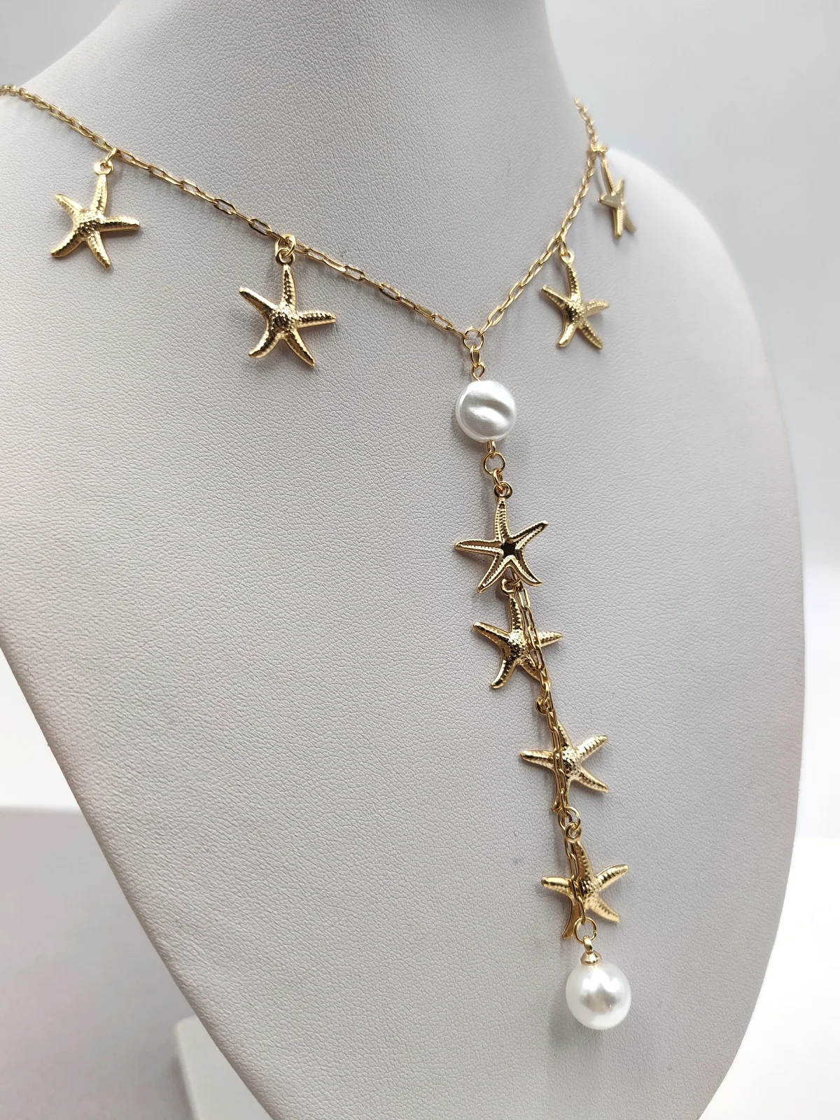 Stainless Steel Necklace with Starfish and Acrylic Pearls by Magis Handmade Jewels – view 3