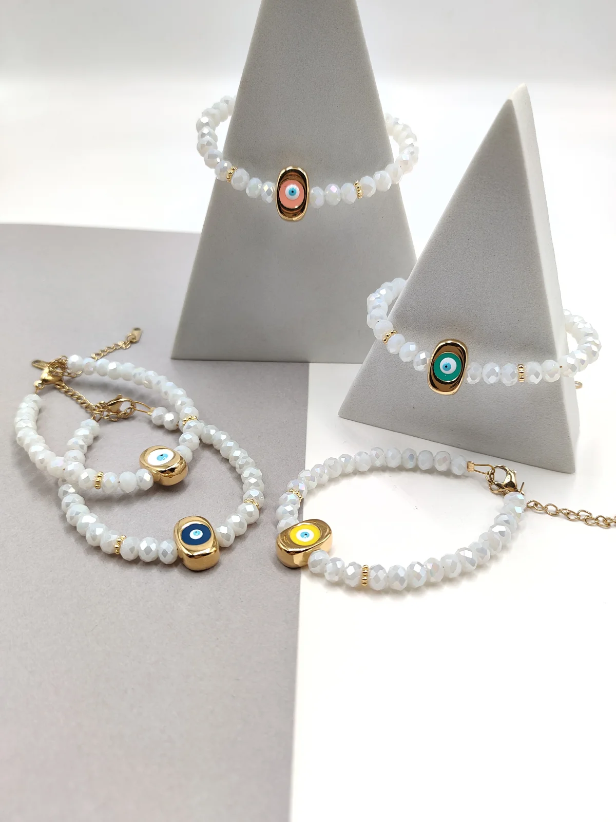 Bracelet with Faceted Crystal Beads and Gold-Plated Evil Eye #752679