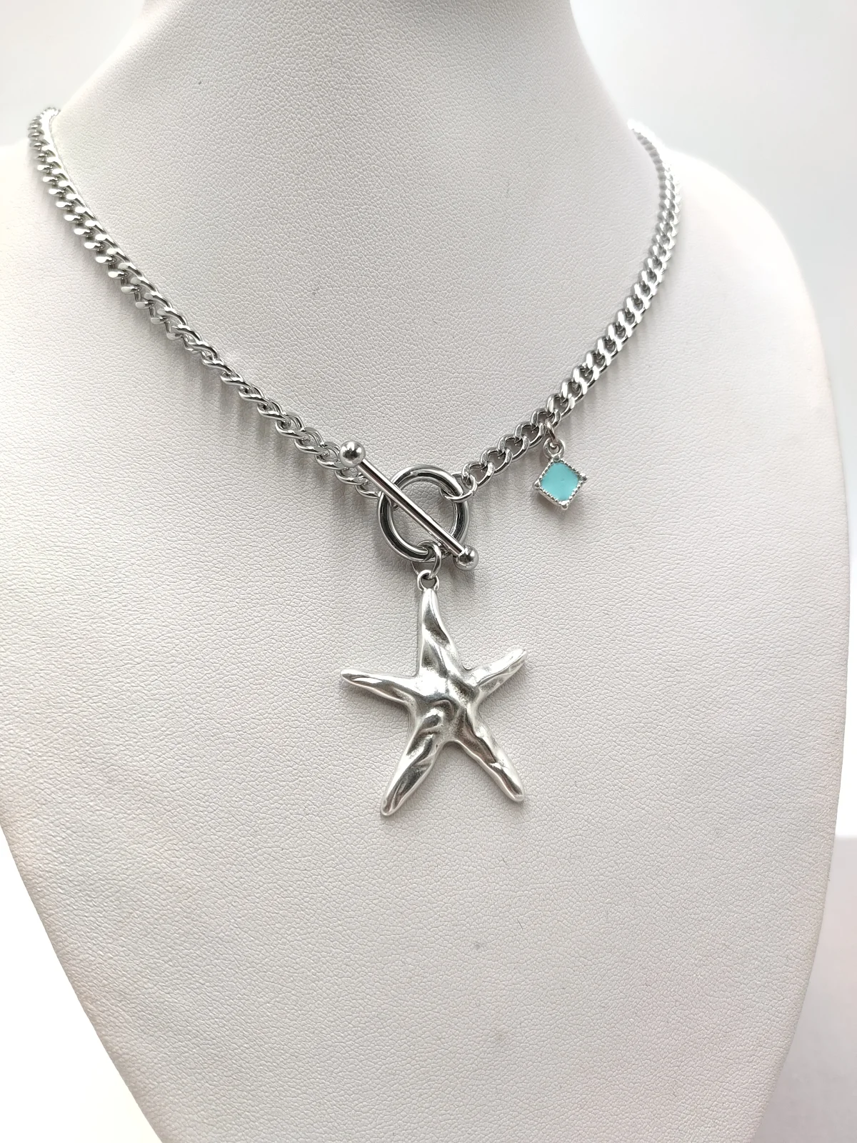 Stainless Steel Necklace with Silver-Plated Starfish and Enamel #852929