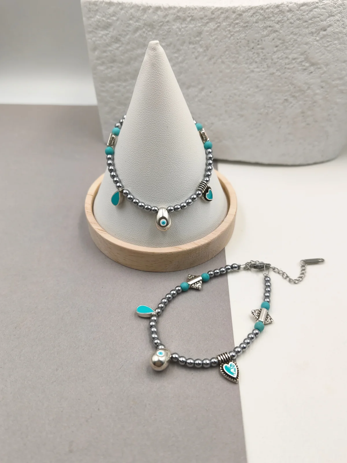 Bracelet with Hematite Beads and Silver-Plated Enamel Details by Magis Handmade Jewels – view 2