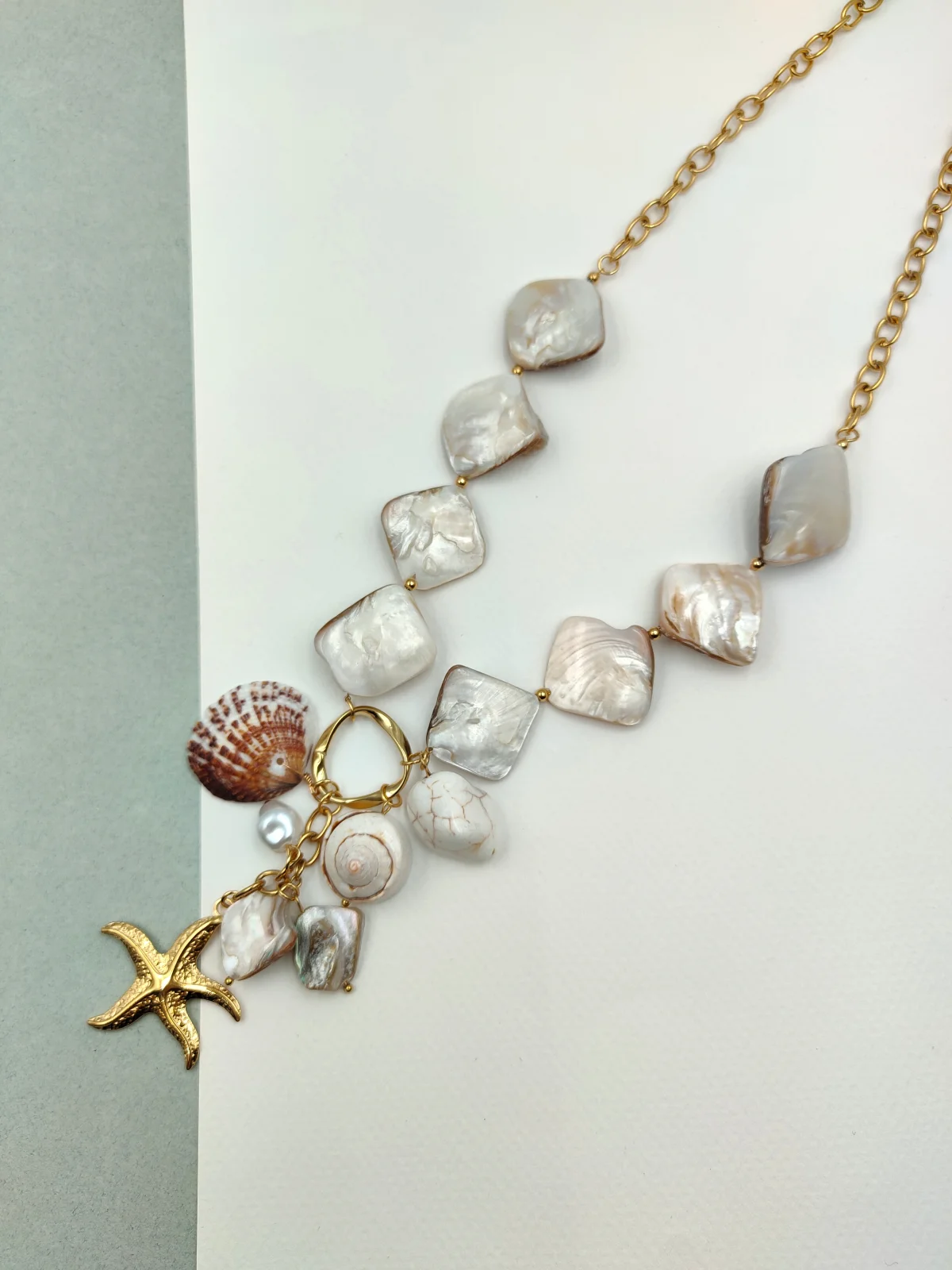 Stainless Steel Necklace with Mother-of-Pearl, Acrylic Pearls and Seashells by Magis Handmade Jewels – view 3