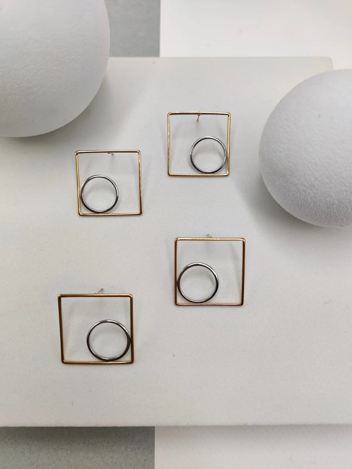 Stainless Steel Two-Tone Geometric Earrings by Magis Handmade Jewels – view 2