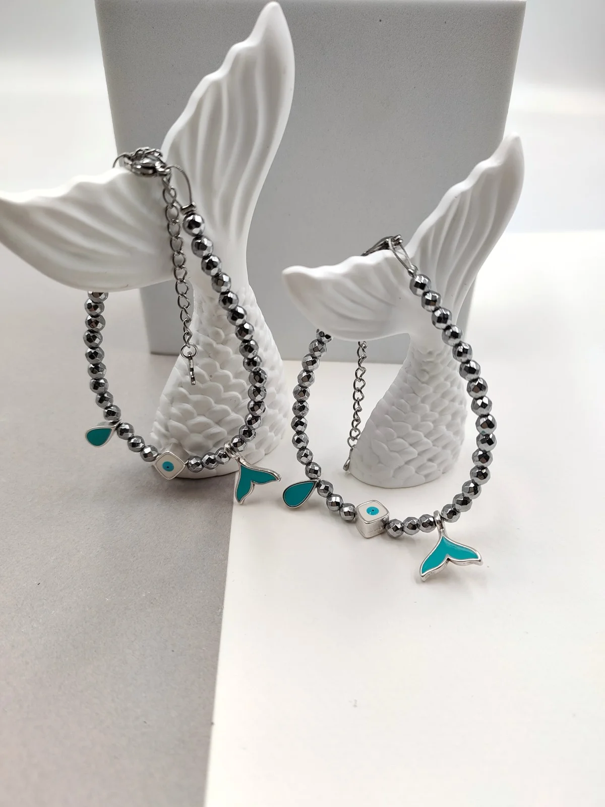 Bracelet with Hematite Beads and Silver-Plated Enamel Details by Magis Handmade Jewels – view 2