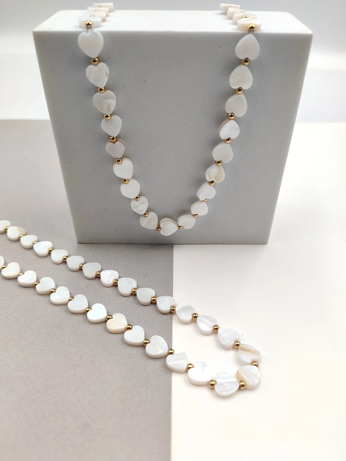 Stainless Steel Necklace with Mother-of-Pearl Hearts by Magis Handmade Jewels – view 2
