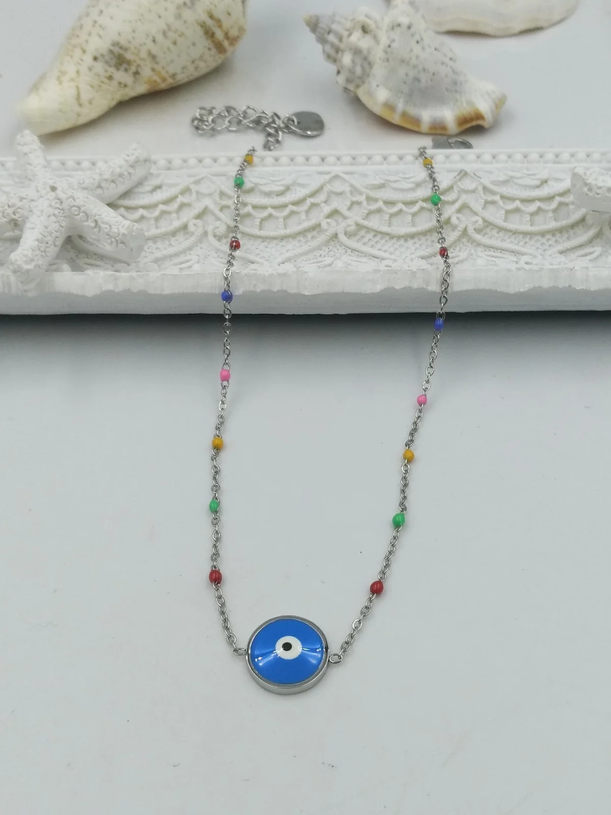 Stainless Steel Anklet with Enamel Evil Eye #500380