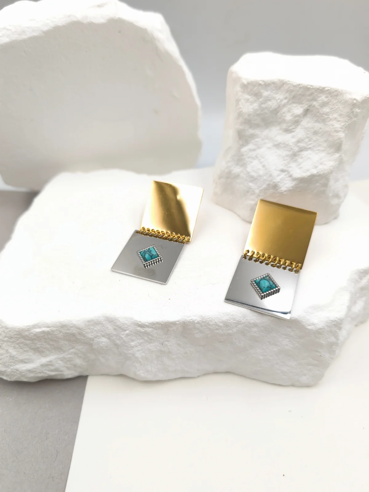 Stainless Steel Two-Tone Earrings with Howlite by Magis Handmade Jewels – view 2