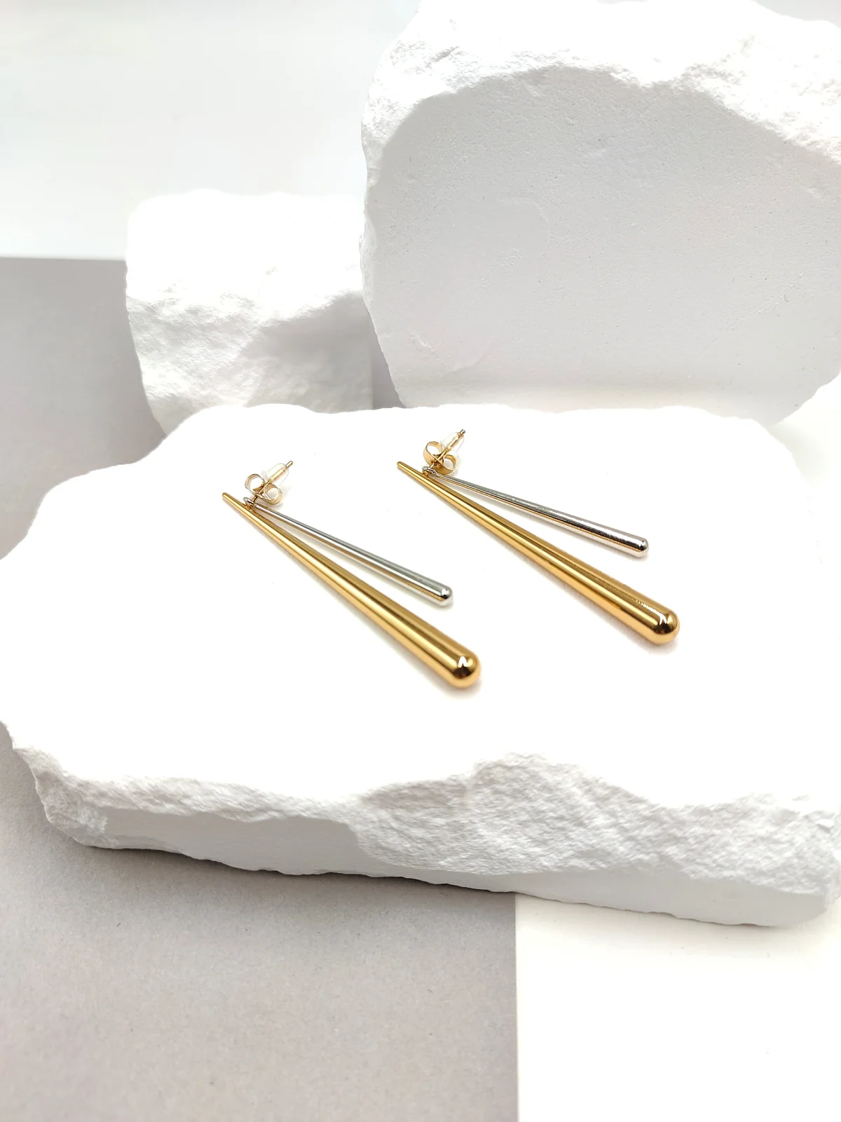 Stainless Steel Two-Tone Long Earrings by Magis Handmade Jewels – view 2