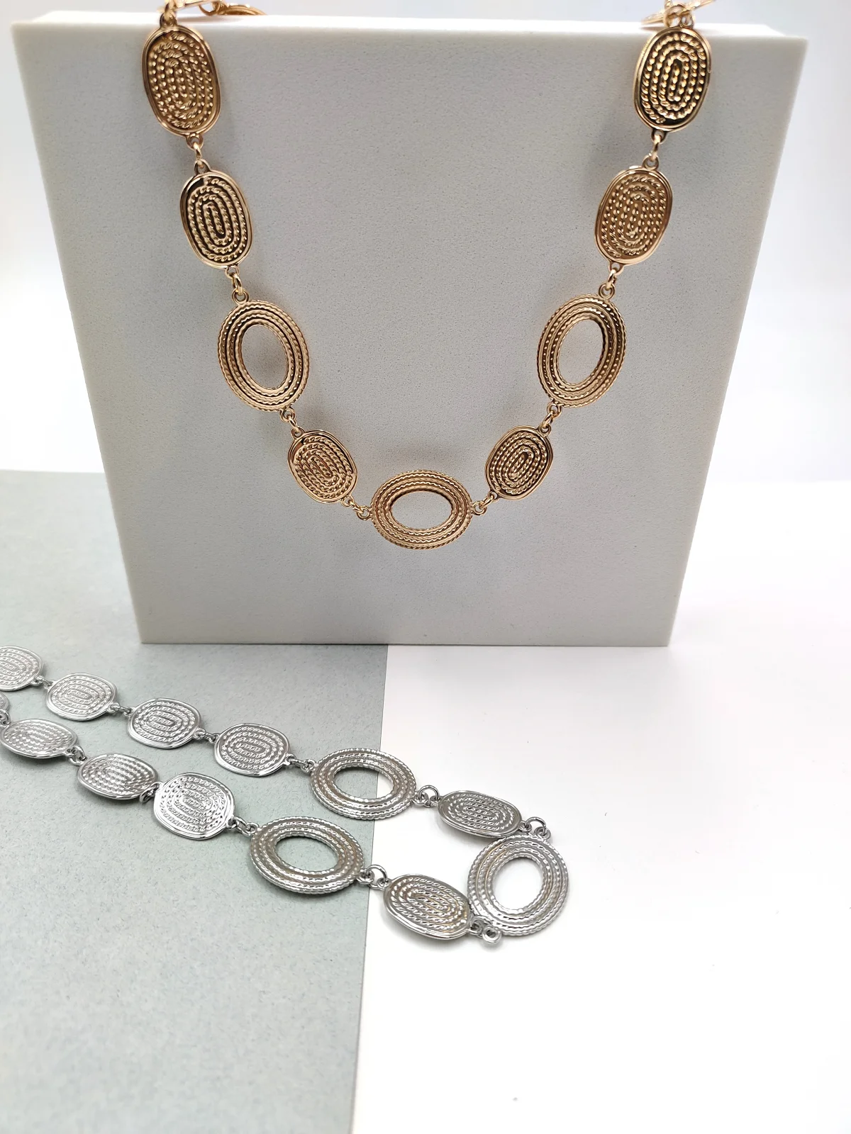 Stainless Steel Necklace with Embossed Oval Motif by Magis Handmade Jewels – view 3