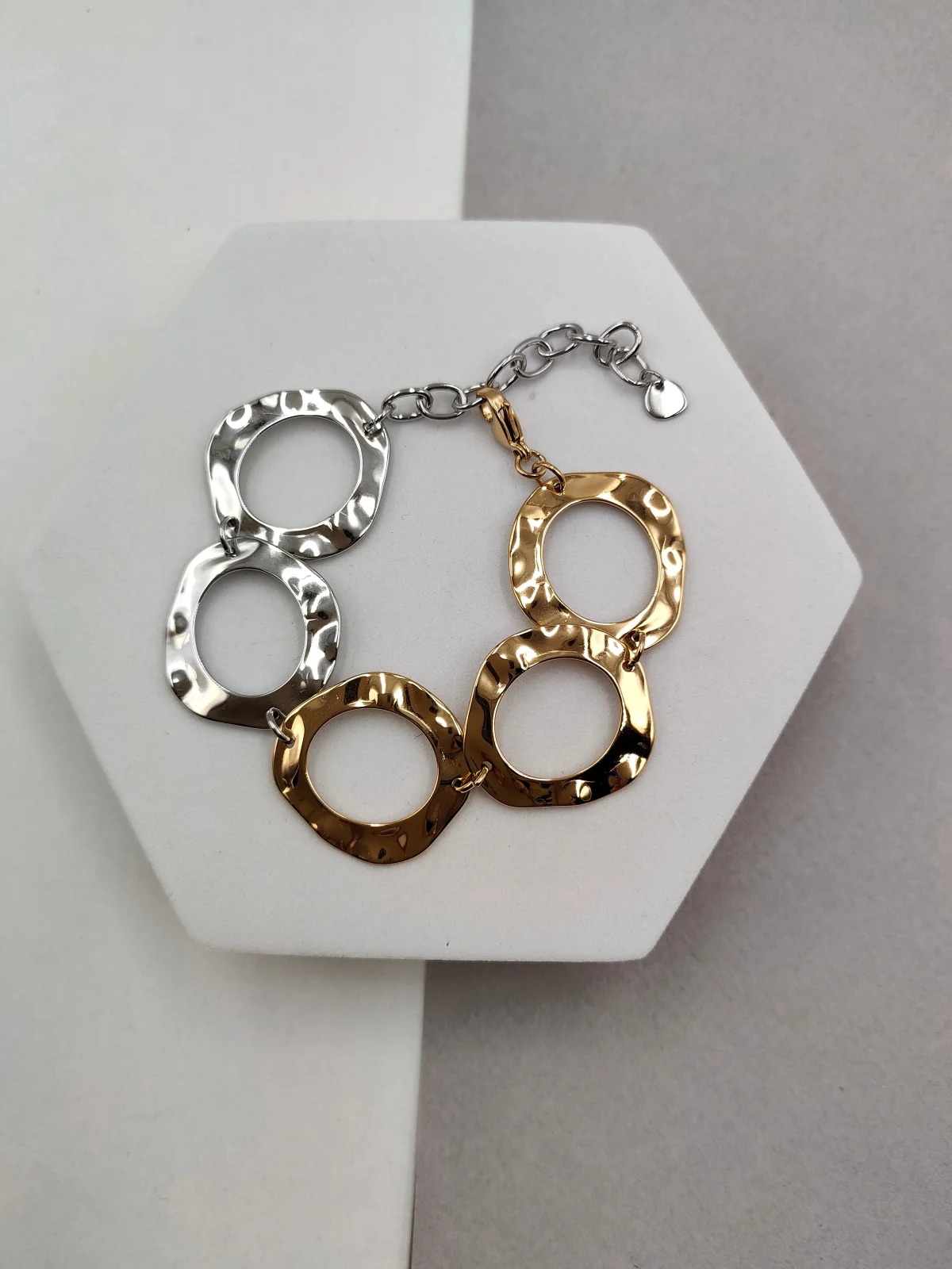 Stainless Steel Bracelet with Hammered Two-Tone Circles by Magis Handmade Jewels – view 4