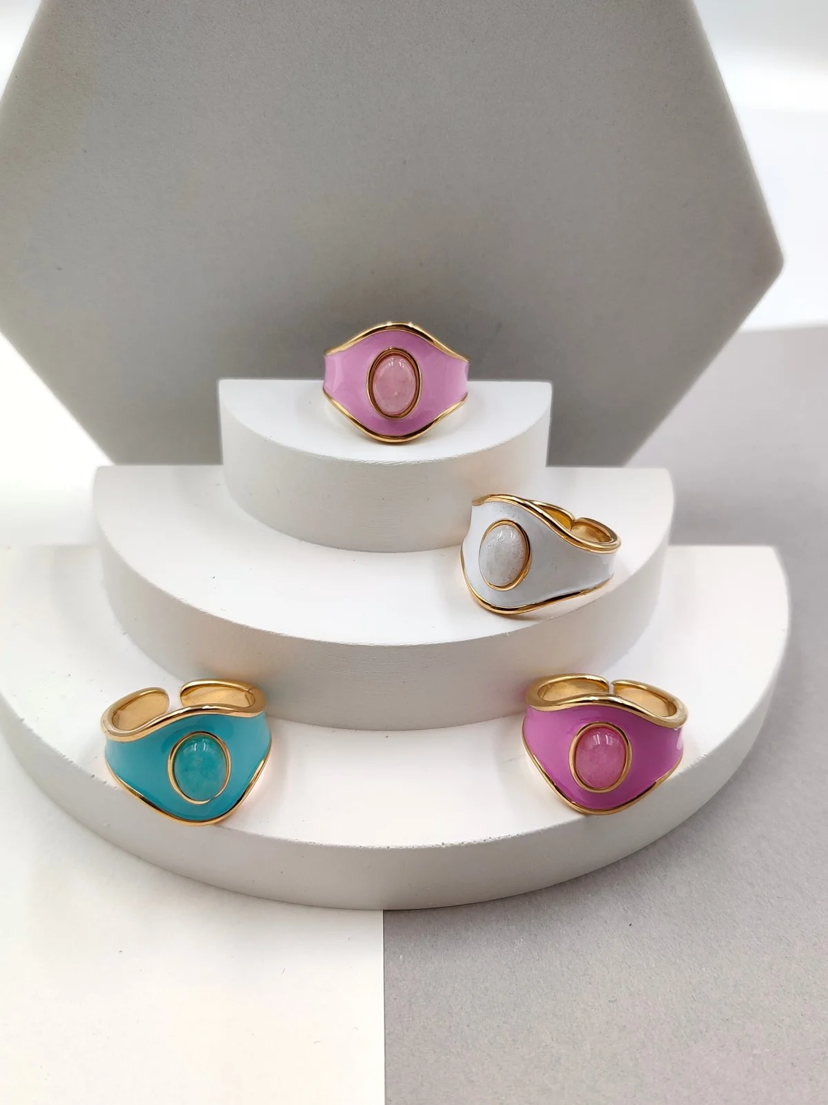 Stainless Steel Ring with Enamel and Nephrite Jade #651995