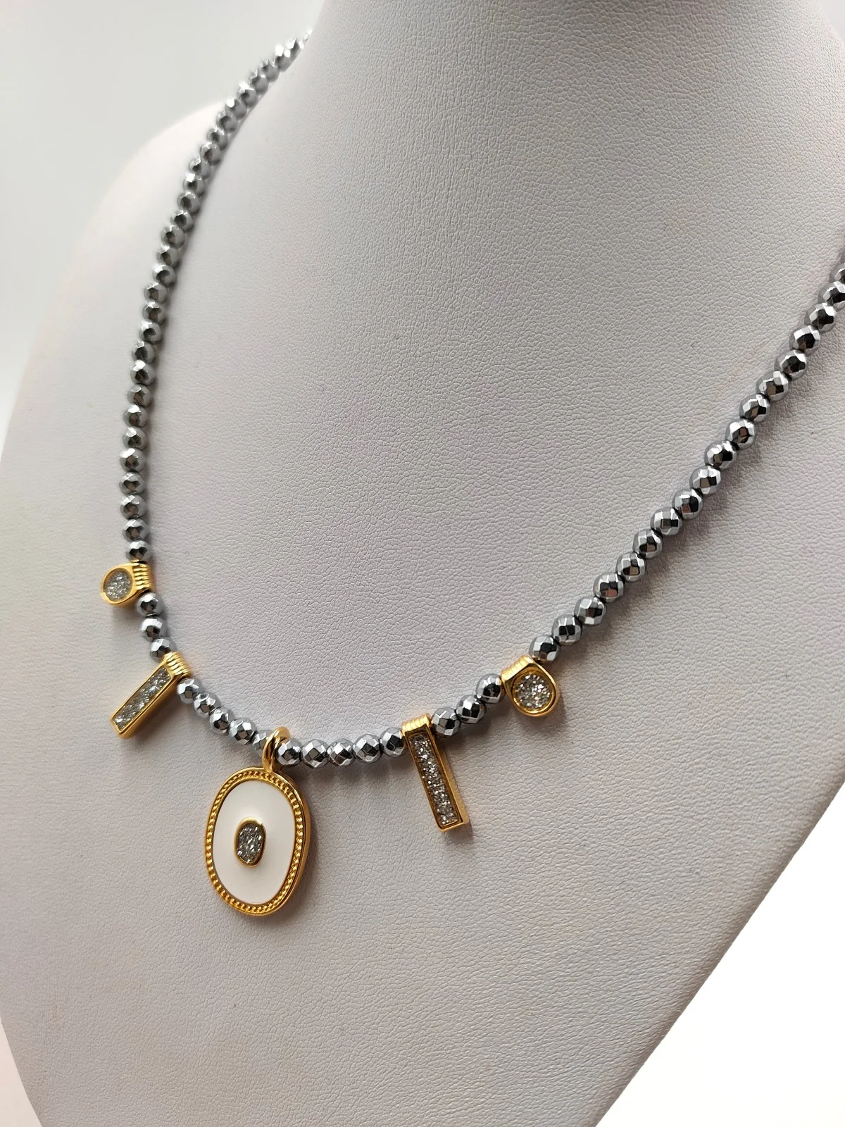 Necklace with Hematite Beads and Gold-Plated Enamel Details #951691