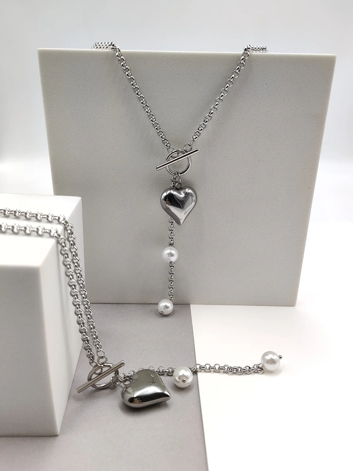 Stainless Steel Necklace with Heart and Pearls by Magis Handmade Jewels – view 2