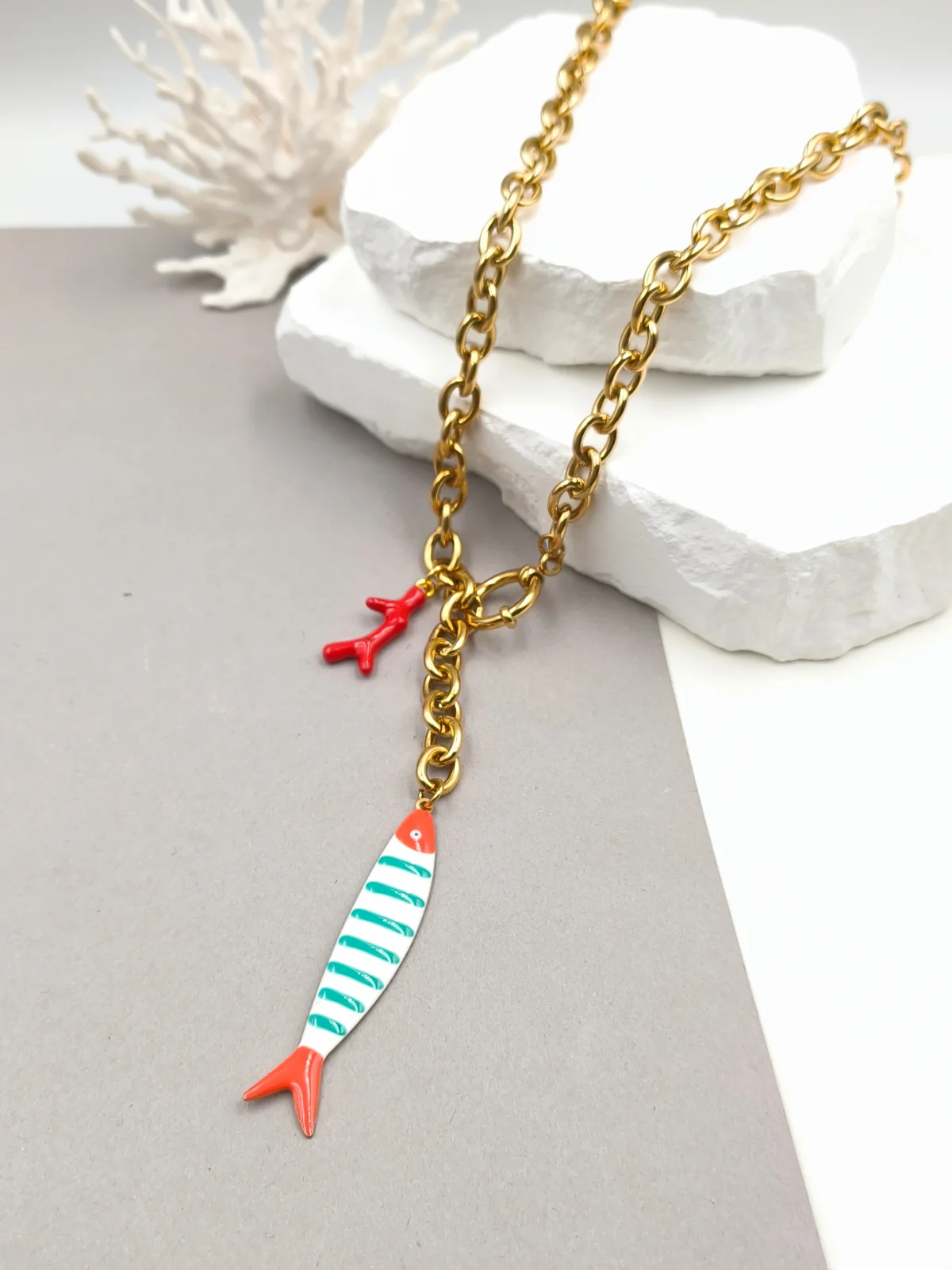 Stainless Steel Lariat Necklace with Drop Details and Enamel by Magis Handmade Jewels – view 2