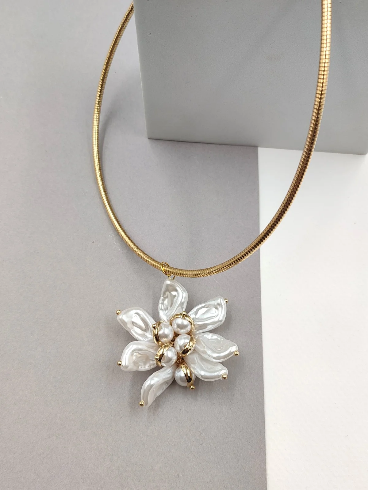 Stainless Steel Necklace with Acrylic Pearl Flower by Magis Handmade Jewels – view 2