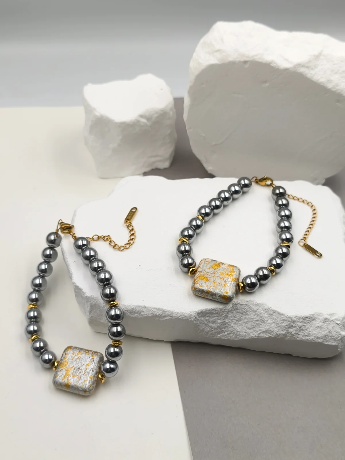 Bracelet with Hematite Beads and Howlite with Ornate Design #773150
