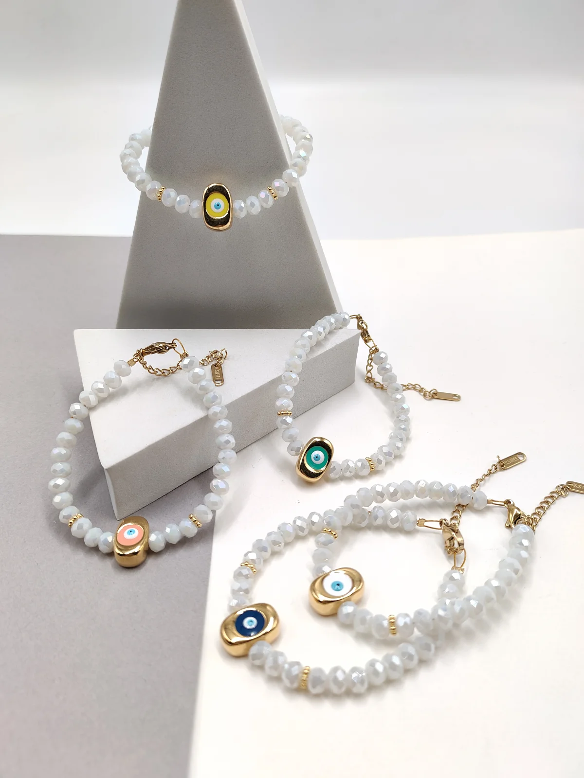 Bracelet with Faceted Crystal Beads and Gold-Plated Evil Eye by Magis Handmade Jewels – view 3