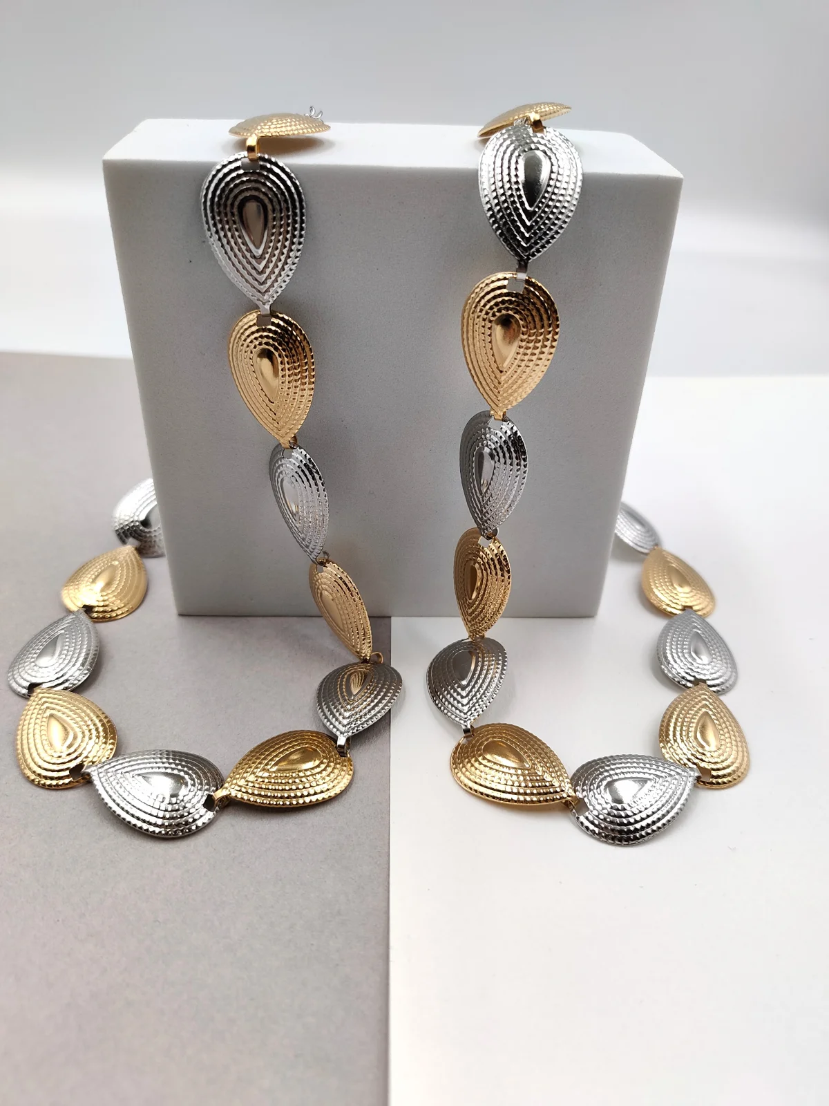 Stainless Steel Two-Tone Necklace with Embossed Drops by Magis Handmade Jewels – view 2