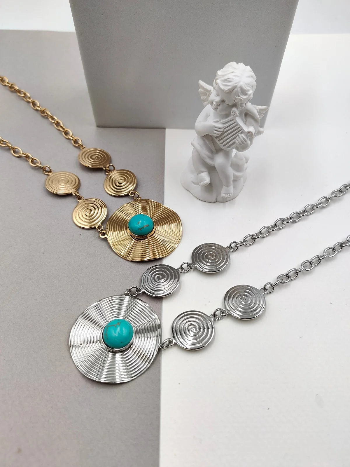 Stainless Steel Necklace with Embossed Circles and Howlite by Magis Handmade Jewels – view 2