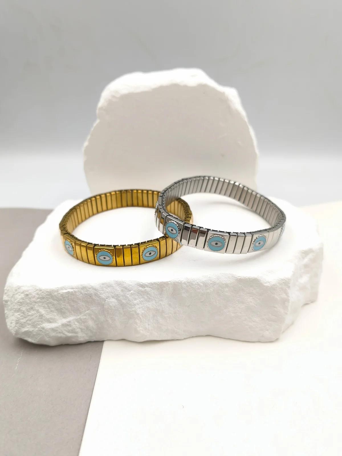 Stainless Steel Stretch Bracelet with Enamel Evil Eye by Magis Handmade Jewels – view 2