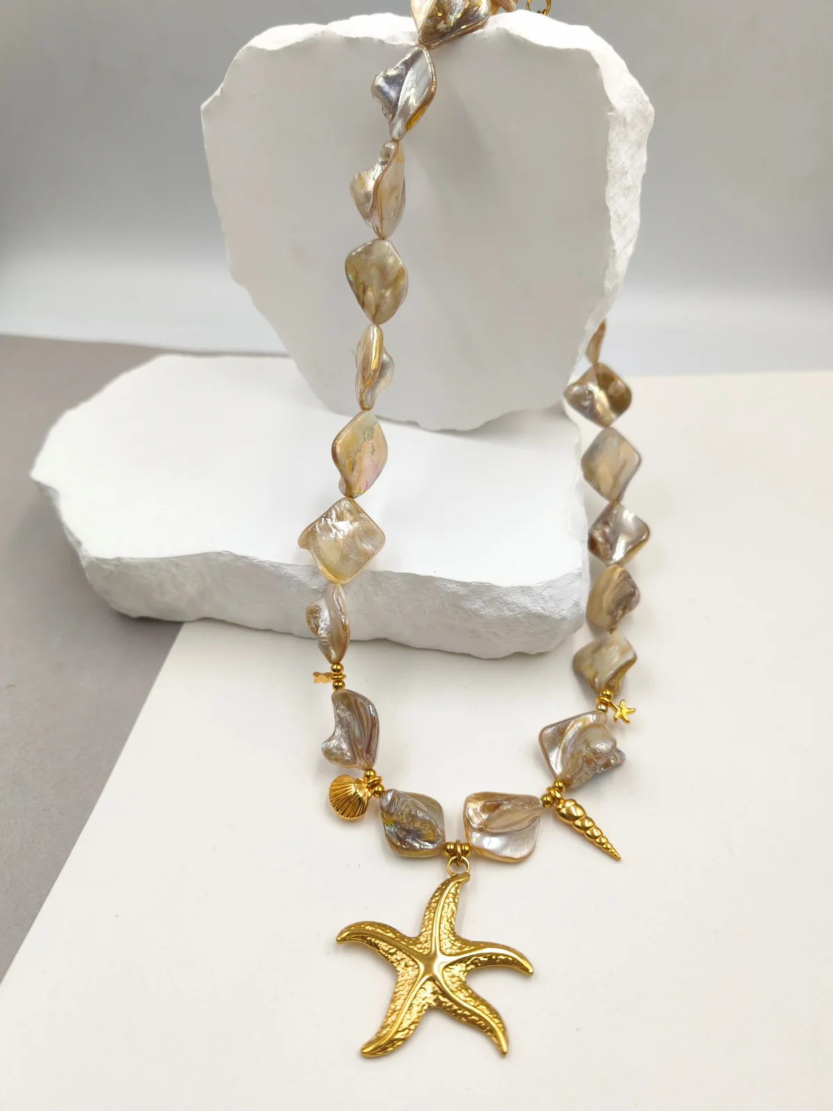 Necklace with Mother-of-Pearl and Stainless Steel Starfish by Magis Handmade Jewels – view 2