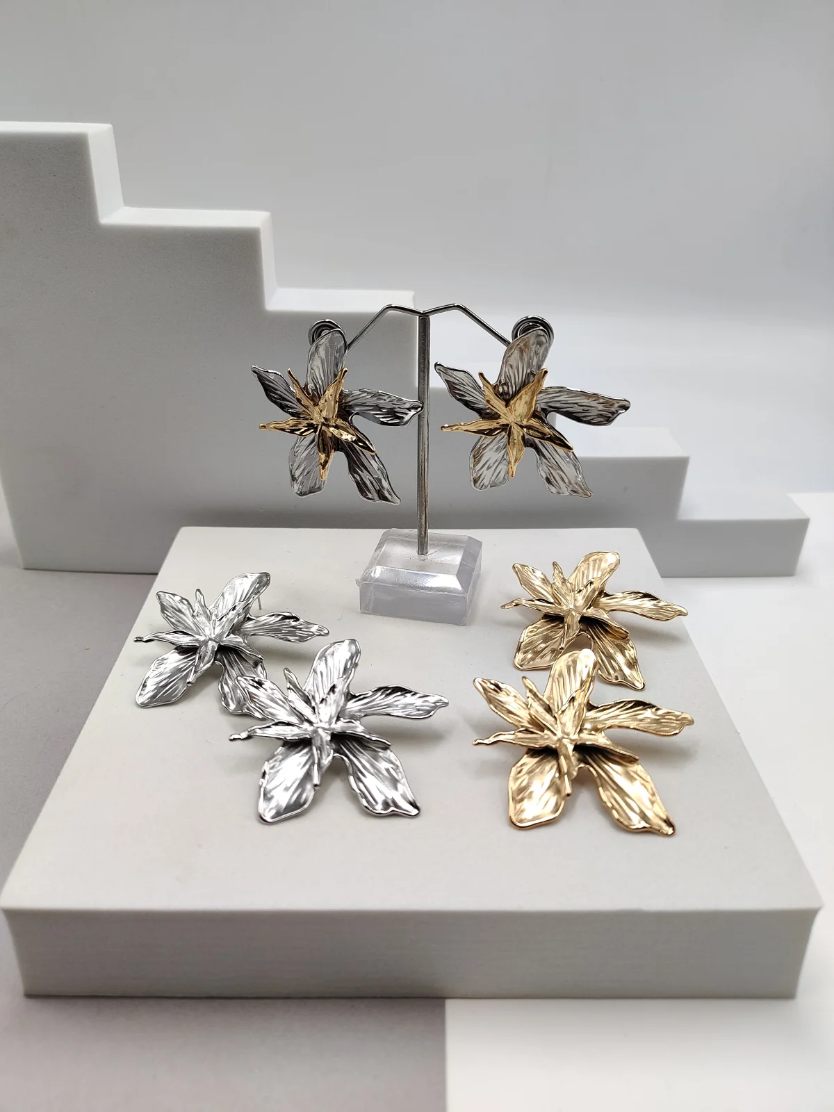 Stainless Steel Embossed Flower Earrings by Magis Handmade Jewels – view 2